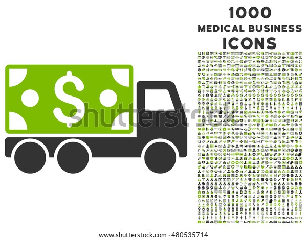 Cash Delivery vector bicolor icon with 1000
medical business icons. Set style is flat pictograms, eco green and
gray colors, white
background.