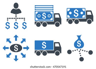Cash Delivery vector icons. Icon style is bicolor smooth blue flat symbols with rounded angles on a white background.