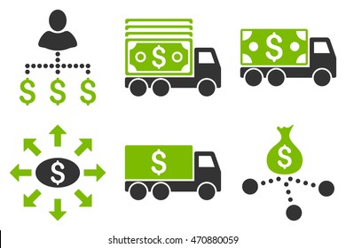 Cash Delivery vector icons. Pictogram style is bicolor eco green and gray flat icons with rounded angles on a white background.