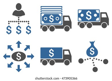 Cash Delivery vector icons. Pictogram style is bicolor cobalt and gray flat icons with rounded angles on a white background.