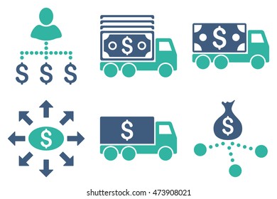 Cash Delivery vector icons. Pictogram style is bicolor cobalt and cyan flat icons with rounded angles on a white background.