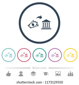 Cash deposit to bank flat color icons in round outlines. 6 bonus icons included.