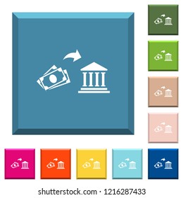 Cash deposit to bank white icons on edged square buttons in various trendy colors