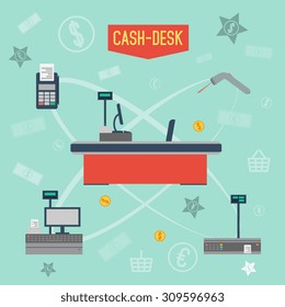 Cash desk place with cash machine icons vector.