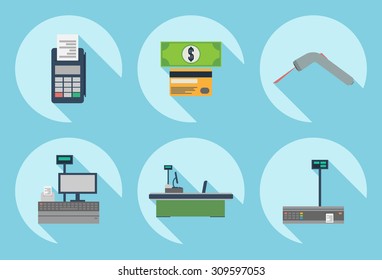 Cash desk place with cash machine icons vector.