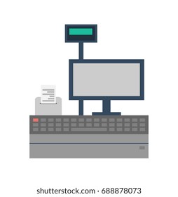 Cash desk. Supermarket cash desk with computer and pos terminal icon on white background. Retail counter isolated vector illustration.
