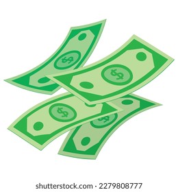 Cash dollar green banknotes flying currency money isometric vector illustration. Banking financial American value falling greenback paper pile savings rich economy finance investment abundance