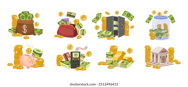 Dólar à vista. Pilha rica em dinheiro. Pilha de notas de banco verde. Moedas de ouro em cofre. Conta de papel. Sinal de economia de riqueza. Financiamento de negócios. Ícone Banco. Sucesso financeiro. Pagamento com cartão de crédito. Conjunto de desenho animado vetorial