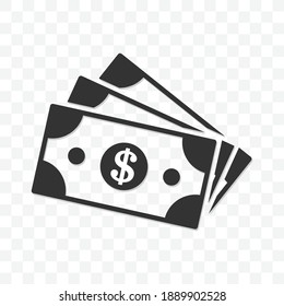 Cash dollar paper money icon vector illustration isolated sign symbol - black and white style in transparent background.