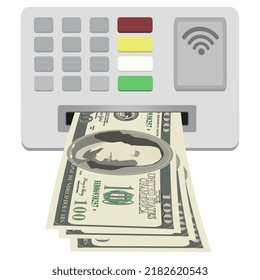 Cash dollars in slot of ATM machine with keypad and contactless plastic card reader isolated on white background. Vector illustration.