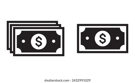 Banknoten-Papier-Geld-Vektor-Symbol mit Dollar-Zeichen in schwarz gefülltem Stil.