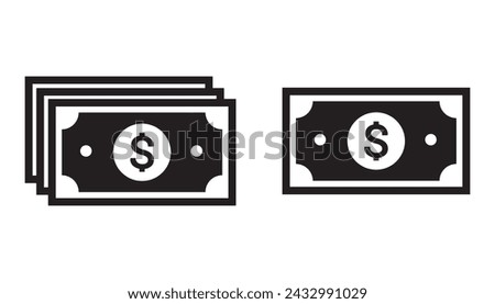 Cash Doller icon set. banknote paper money vector symbol with dollar sign in black filled style.