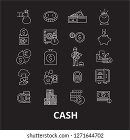 Cash editable line icons vector set on black background. Cash white outline illustrations, signs, symbols