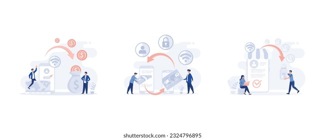 cash to electronic account on Internet to man. money transfer, Financial transactions. set flat modern vector illustration