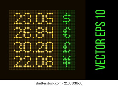 Cash exchange rate LED display. Money exchange yellow and green pixel screen mockup. Digital currency numbers and alphabet. Vector USD, EUR, GBP symbol. Neon panel international finance