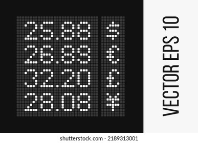 Cash exchange rate LED display. Money exchange pixel screen mockup. Vector USD, EUR, GBP currency symbol. Neon panel sell and buy finance. Digital numbers and alphabet. Electronic binary font