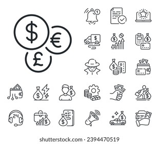 Cash exchange sign. Cash money, loan and mortgage outline icons. Money currency line icon. Stock trade symbol. Money currency line sign. Credit card, crypto wallet icon. Inflation, job salary. Vector