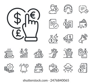 Cash exchange sign. Cash money, loan and mortgage outline icons. Money currency line icon. Stock trade symbol. Money currency line sign. Credit card, crypto wallet icon. Inflation, job salary. Vector