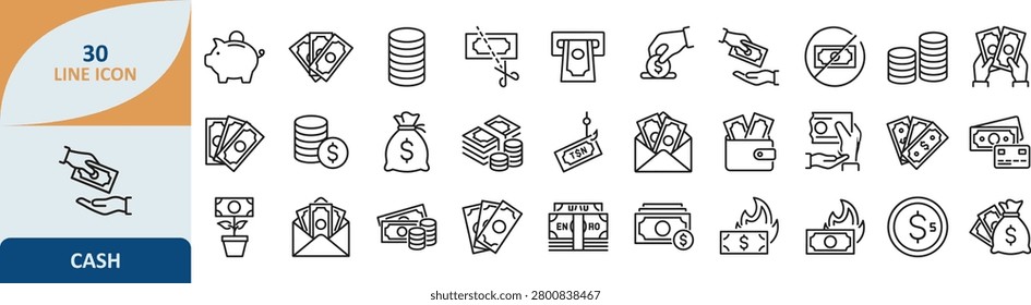Cash and finance payment vector line icon collection with currency investment business transaction commerce accounting transfer financial exchange marketing earnings management corporate