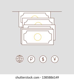 Cash, flat vector icon. Currency symbols: ruble, dollar, yuan