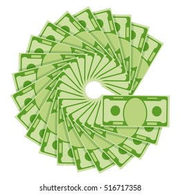 Cash flow and banknote fan. Flat vector cartoon money illustration. Objects isolated on a white background.