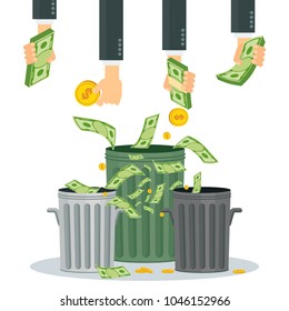 Cash flow. Banknotes fly away into black hole. Bankruptcy and collapse of monetary system. Flat vector cartoon cash flow illustration. Objects isolated on a white background.