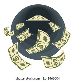 Cash flow. Banknotes fly away into a black hole. Bankruptcy and the collapse of the monetary system. Flat vector cartoon cash flow illustration. Objects isolated on a white background.