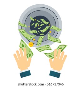 Cash flow. Banknotes fly away into a black hole. Bankruptcy and the collapse of the monetary system. Flat vector cartoon cash flow illustration. Objects isolated on a white background.