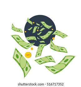 Cash flow. Banknotes fly away into a black hole. Bankruptcy and the collapse of the monetary system. Flat vector cartoon cash flow illustration. Objects isolated on a white background.
