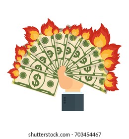 Cash flow. Banknotes fly away into fire. Bankruptcy and the collapse of the monetary system. Flat vector cartoon cash flow illustration. Objects isolated on a white background.