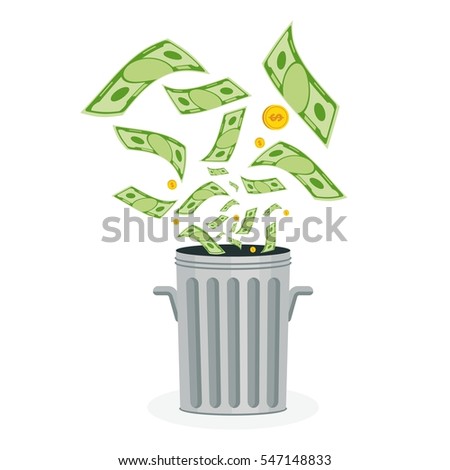 Cash flow. Banknotes fly away into trash bin. Bankruptcy and the collapse of the monetary system. Flat vector cartoon cash flow illustration. Objects isolated on a white background.
