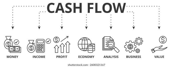 Cash flow banner vector illustration concept with icon of money, income, profit, economy, analysis, business, and value