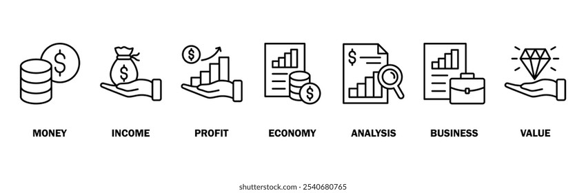 Banner de fluxo de caixa ícone web vetor ilustração conceito para negócios e circulação financeira com ícone de dinheiro, renda, lucro, economia, análise, negócios e valor