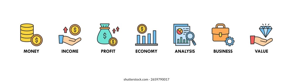 Concepto de Ilustración vectorial de ícono de Web de Anuncio de flujo de efectivo para circulación comercial y financiera con ícono de dinero, ingresos, ganancias, economía, análisis, negocios y valor