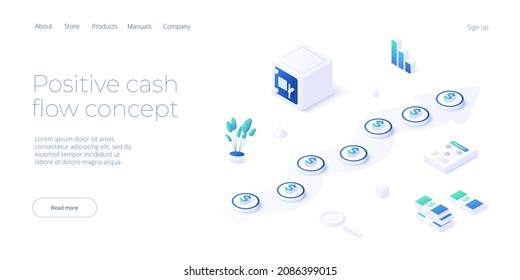 Cash flow or cashflow vector illustration in isometric design. Money management or financial plan concept with safe and graph. Web banner layout.