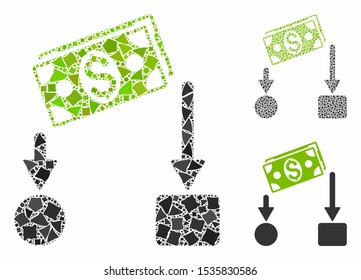 Cash flow composition of trembly pieces in various sizes and color tones, based on cash flow icon. Vector humpy pieces are united into collage. Cash flow icons collage with dotted pattern.