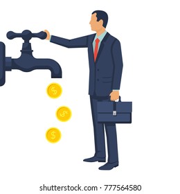 Cash flow concept. Vector illustration flat design. Isolated on white background. Businessman open water tap, gold coins fall. Catch money hand. Finance faucet. Achievement success.