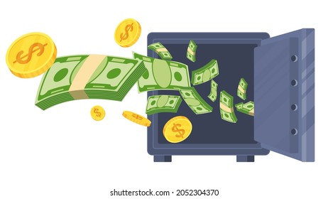 Cash flow flies into the bank safe. Insurance, crediting and financial savings. Bank guarantees. Deposit Guarantee Fund. Flat illustration.