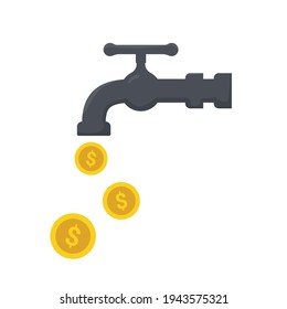 Cash flow, gold coins fall from water tap, Isolated on white background