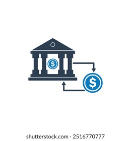Cash flow Icon. With Bank and Coin Symbols. Editable Flat Vector Illustration.