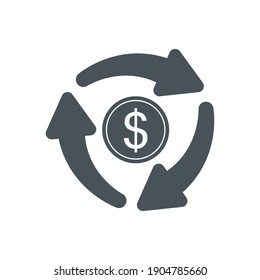 Cash flow icon. Recycle dolar coin symbol. Money and arrows sign. Vector isolated on white.