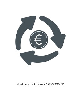 Cash flow icon. Recycle euro coin symbol. Money and arrows sign. Vector isolated on white.