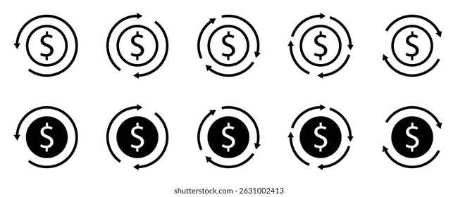 Conjunto de iconos de flujo de efectivo: símbolos de Vector de movimiento financiero, presupuesto y transferencia de dinero