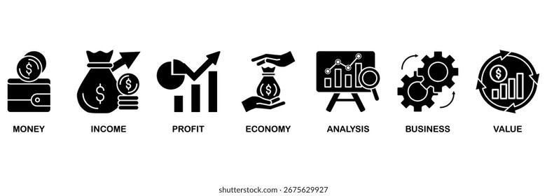 Concepto de Ilustración vectorial de conjunto de iconos de flujo de efectivo para circulación comercial y financiera con ícono de dinero, ingresos, ganancias, economía, análisis, negocios y valor