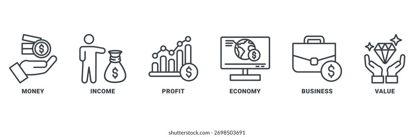 Concepto de Vector de conjunto de iconos de flujo de efectivo con icono de dinero, ingresos, ganancias, economía, análisis, negocios y valor