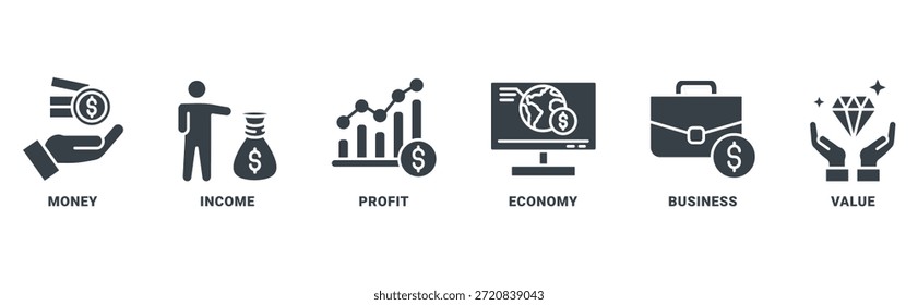 Concepto de Vector de conjunto de iconos de flujo de efectivo con icono de dinero, ingresos, ganancias, economía, análisis, negocios y valor