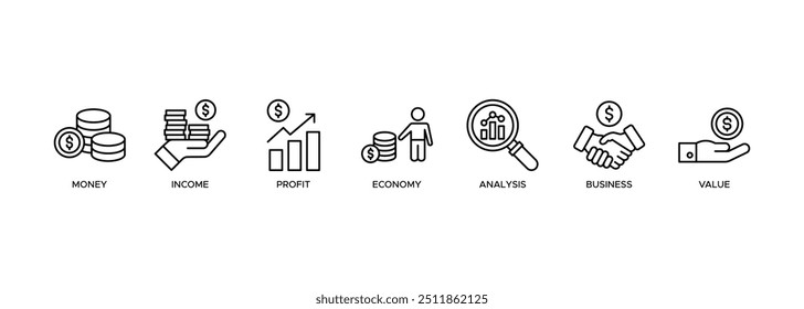 Ícone de fluxo de caixa vetor ilustração banner web conceito para negócios com ícone de dinheiro, renda, lucro, economia, análise, negócios e valor