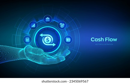 Cash flow icon in wireframe hand. Income growth, investment, wealth, financial management. Innovation technology business concept on virtual screen. Vector illustration.