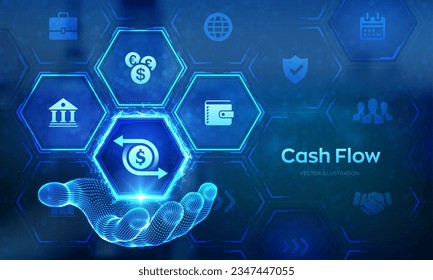 Cash flow icon in wireframe hand. Investment innovation technology business concept on virtual screen. Income growth, wealth, financial management. Vector illustration.