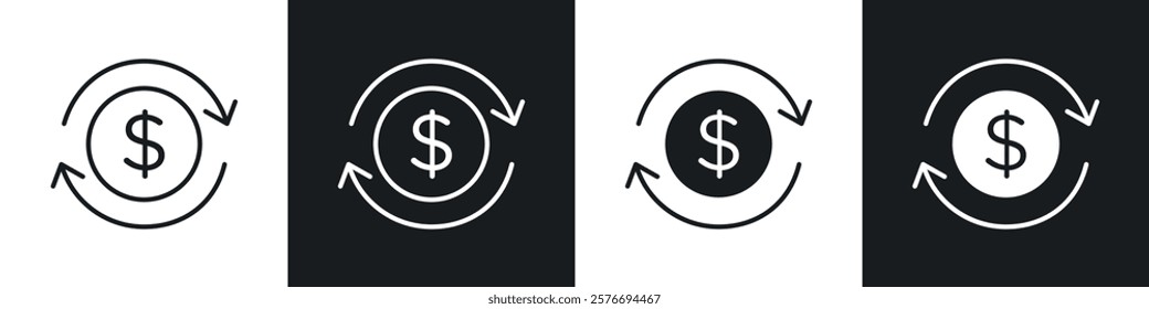 Cash flow icons collection in black and white solid and line style